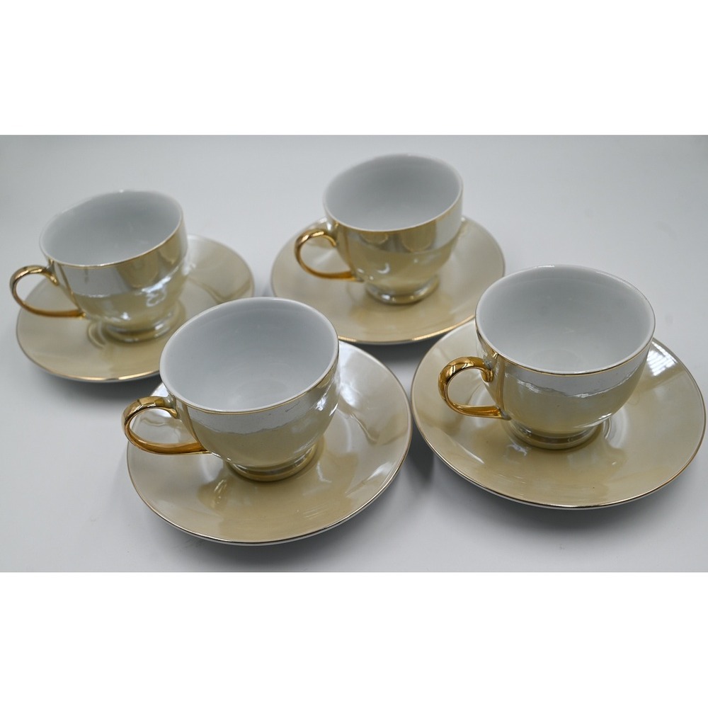 VTG I. Godinger Iridescent Luster Gold Trim Tea Cup and Saucer Set of 4 Cream